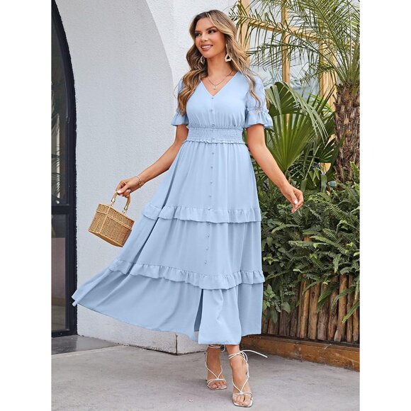 Elegant Women's Boho V Neck Long Sleeve Maxi Dress - Perfect for Summer Weddings - Picture 2 of 4